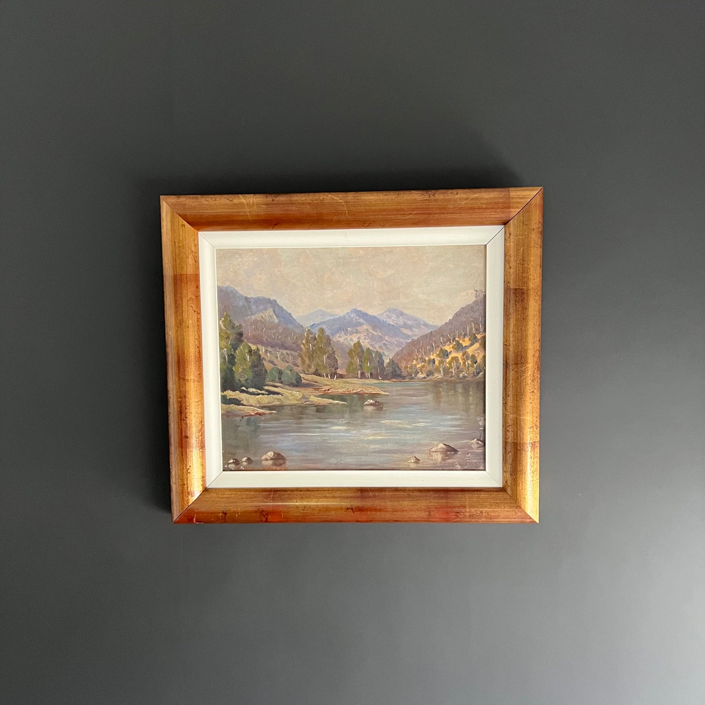 Vintage Oil Painting Landscape Lake Surrounded by Mountains