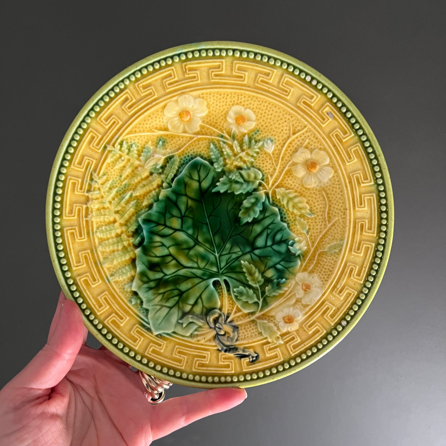 Vintage Majolica Plate Grape Leaf and Fern with Daisy #1