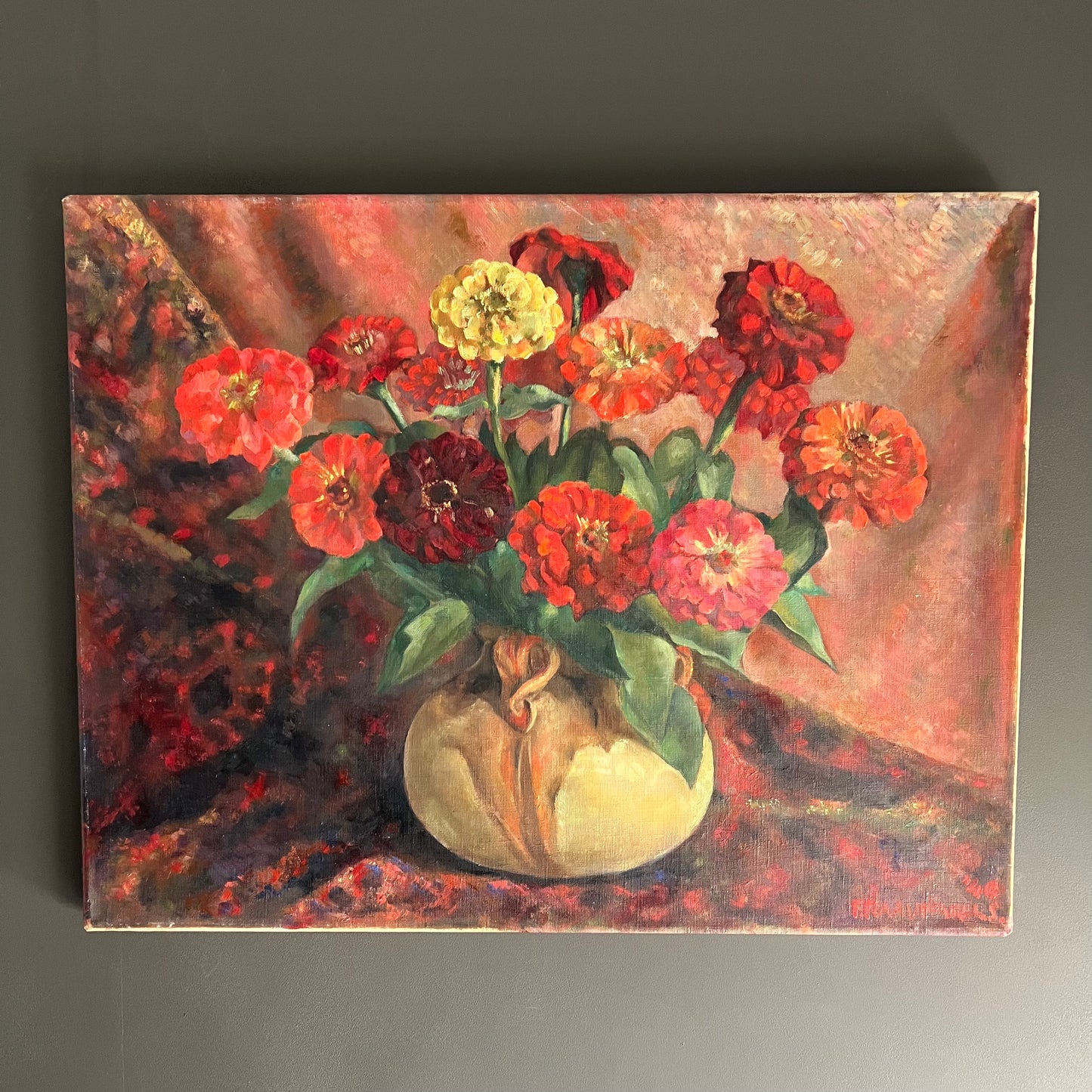 Vintage Oil Painting Still Life Zinnias in Vase 1940