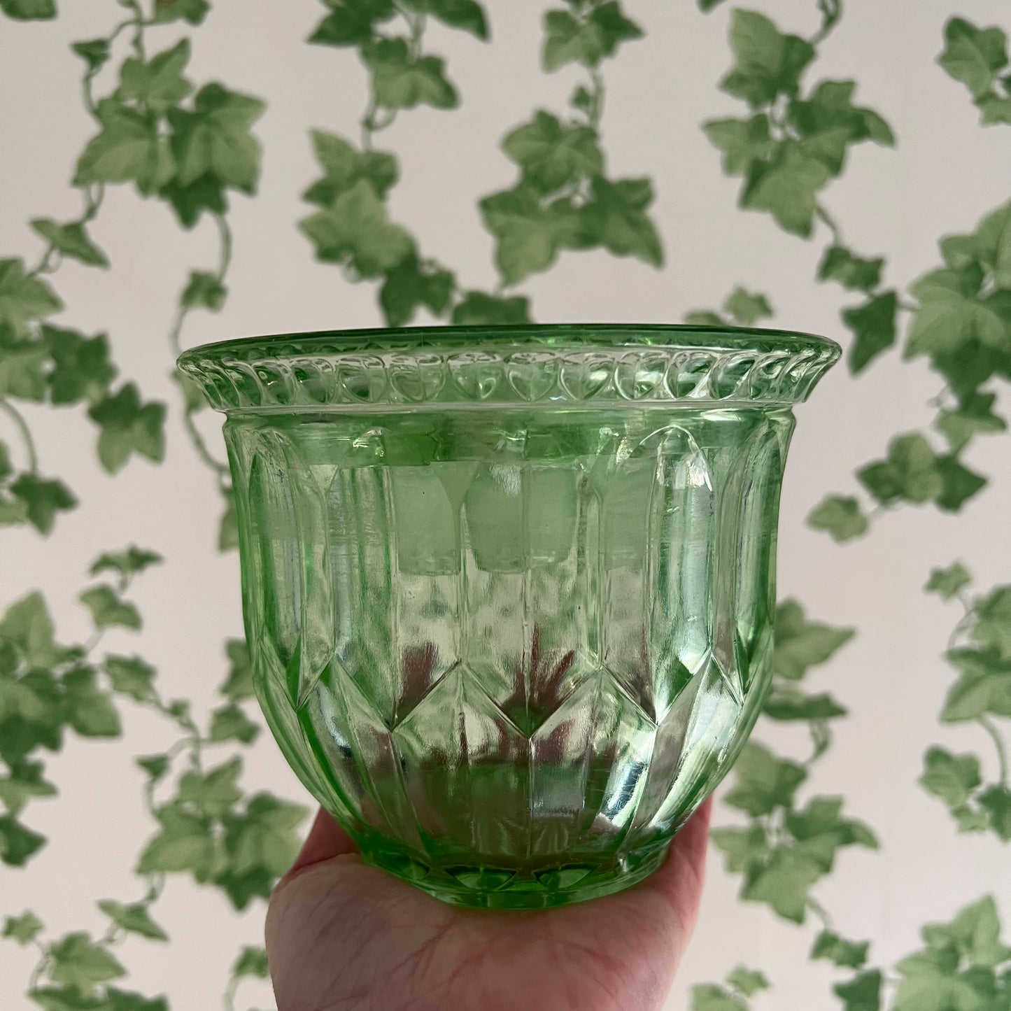 Vintage Green Depression Glass Bowl Vase & Flower Frog