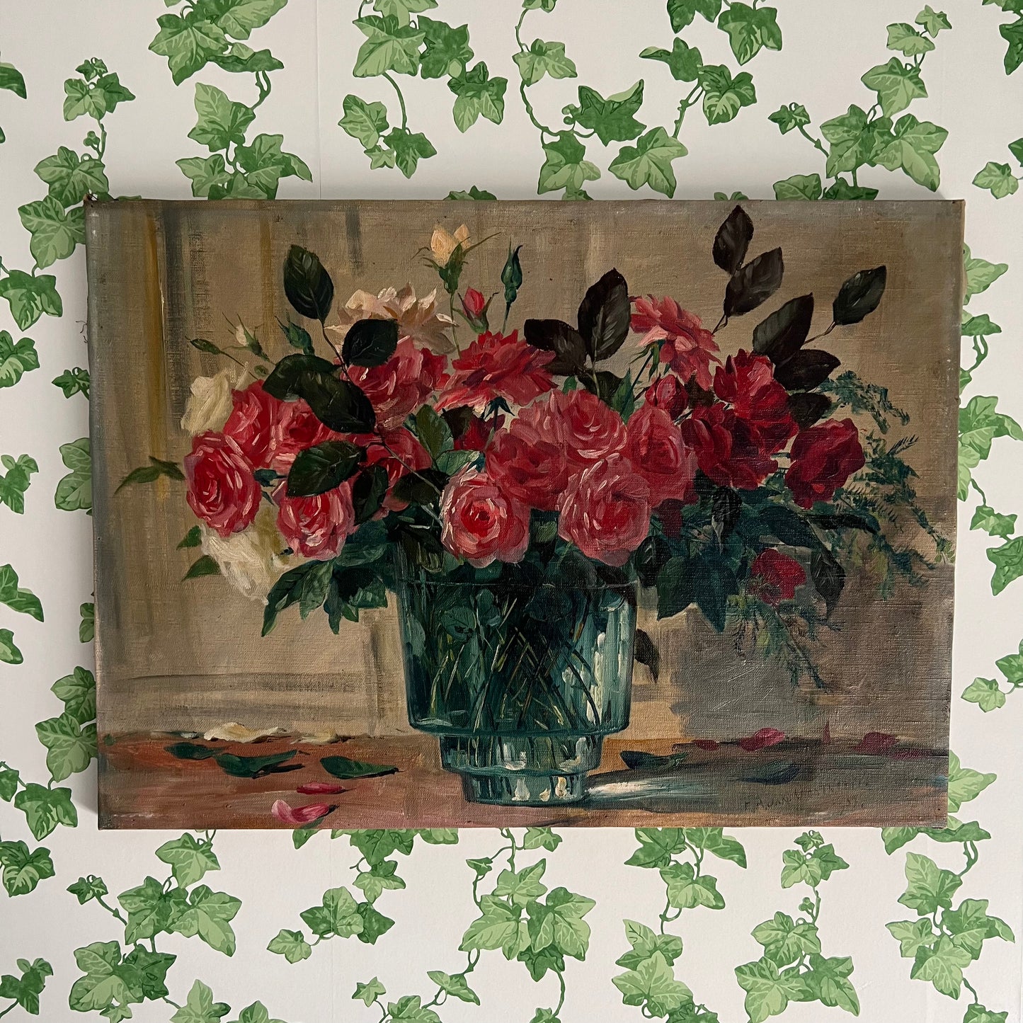 Vintage Oil Painting Still Life Roses in Green Vase c1950s