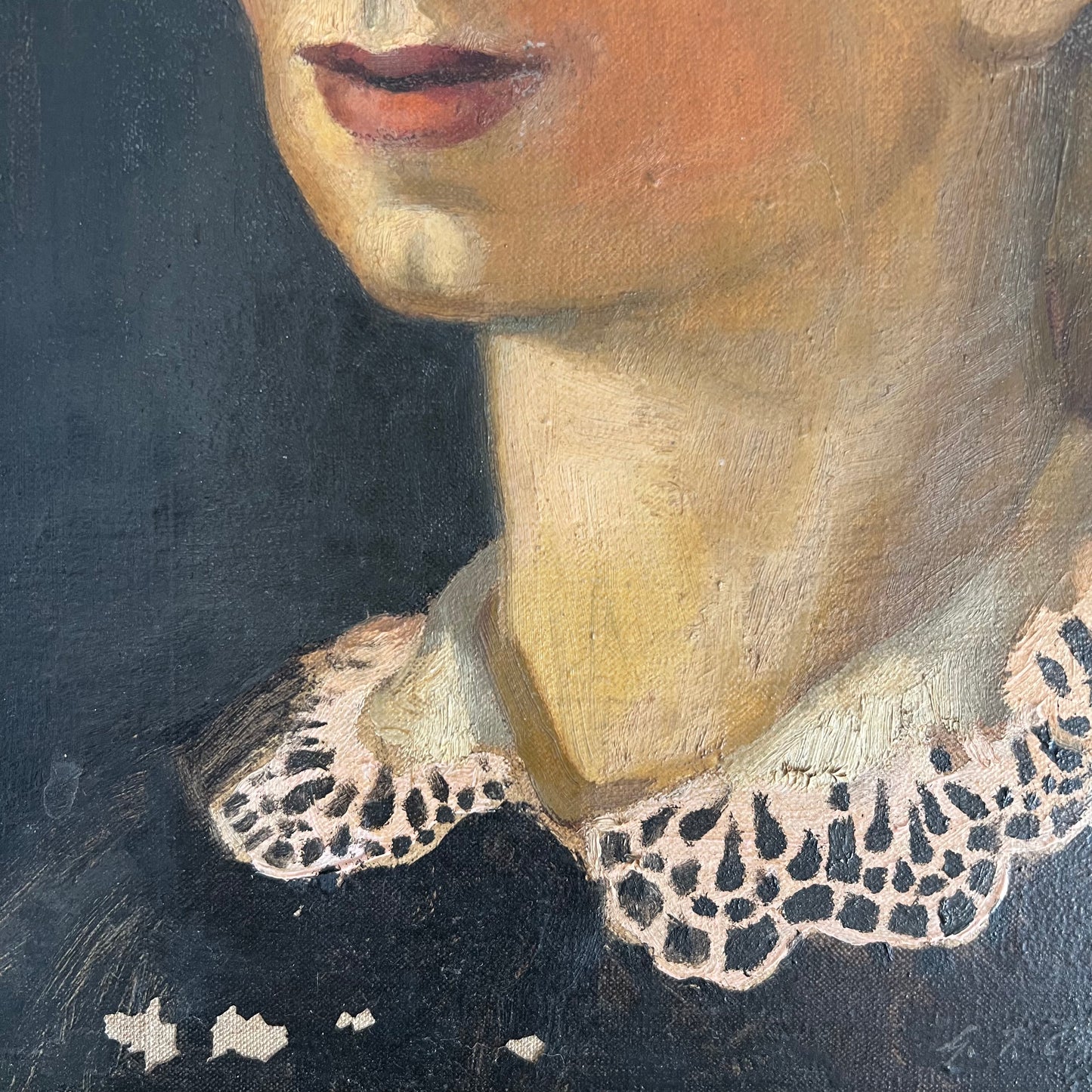 Antique Oil Painting Portrait Lady with a Lace Collar 1800s
