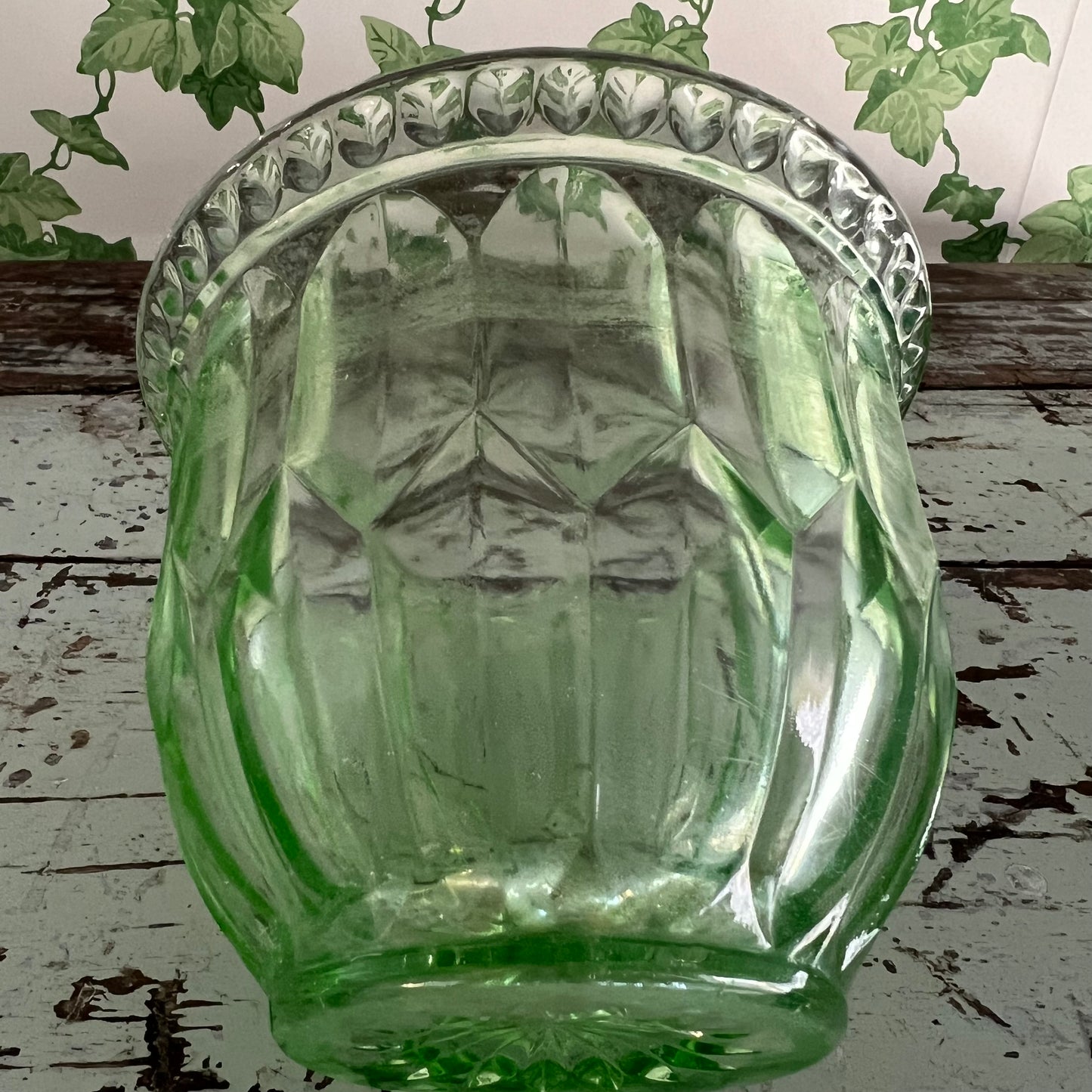 Vintage Green Depression Glass Bowl Vase & Flower Frog