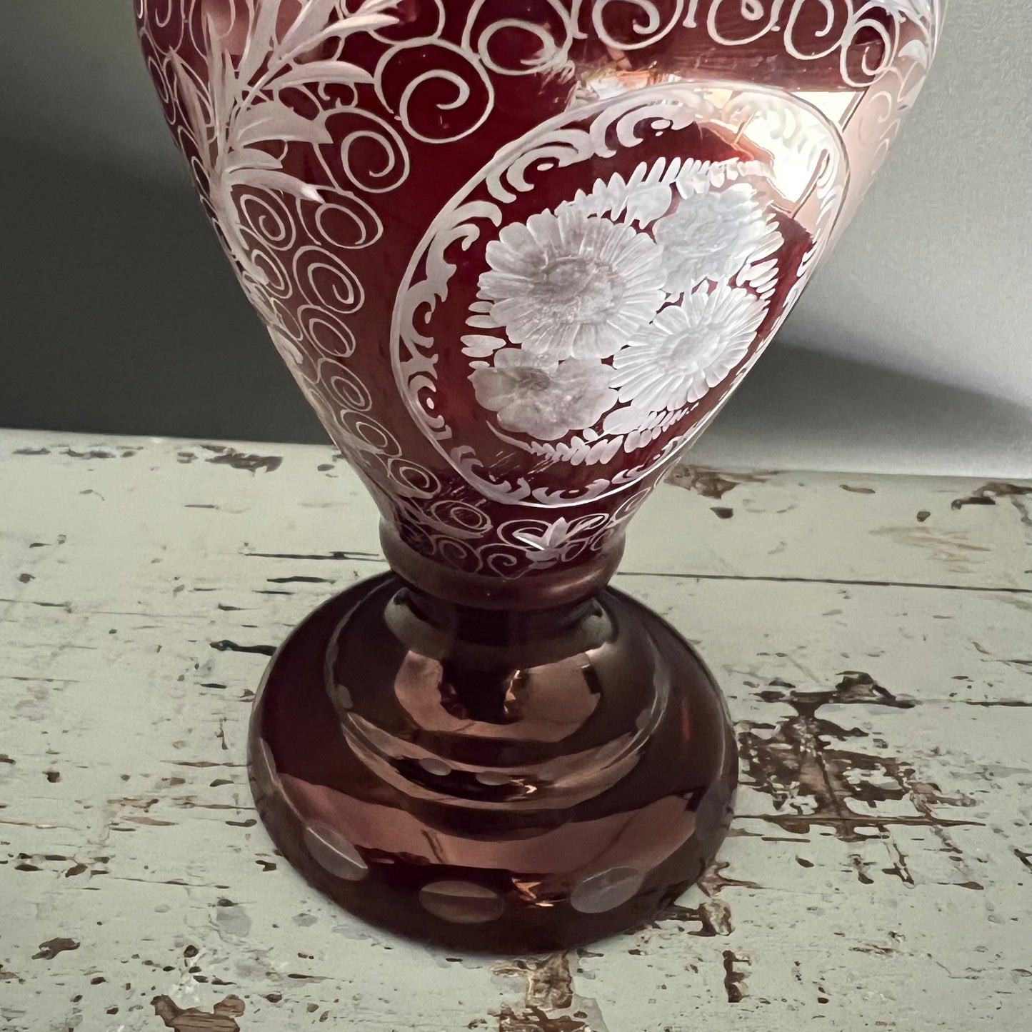 Vintage Bohemian Cut to Clear Ruby Glass Vase