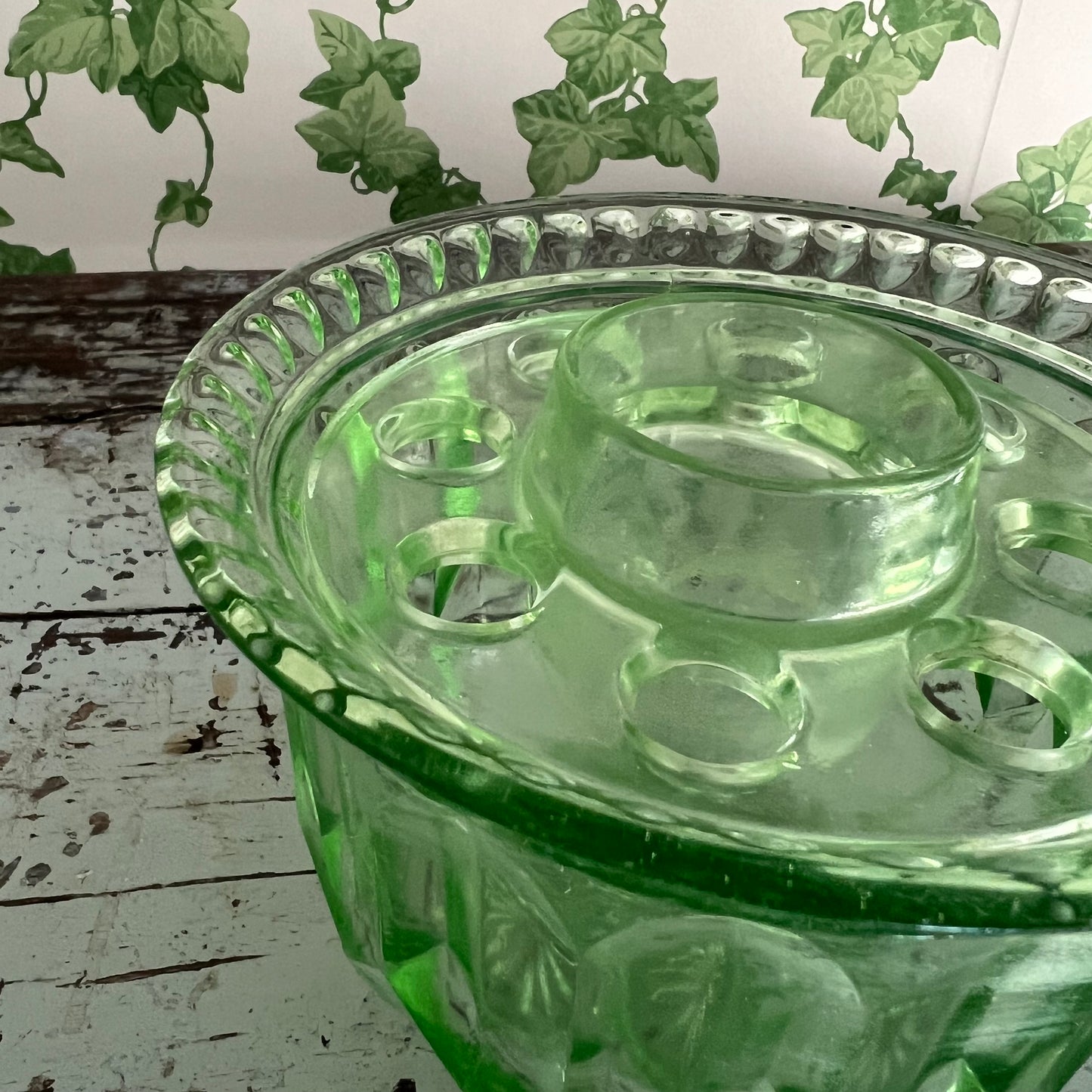 Vintage Green Depression Glass Bowl Vase & Flower Frog