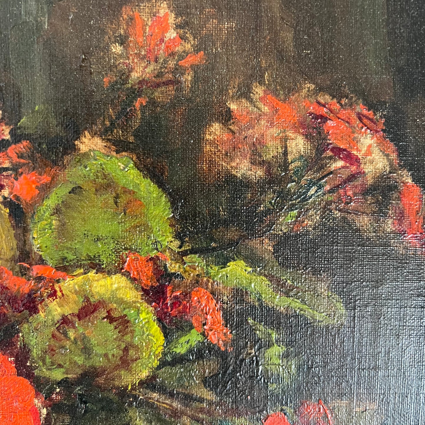 Vintage Oil Painting Still Life Red Geraniums Pelargoniums in Pot 1930s