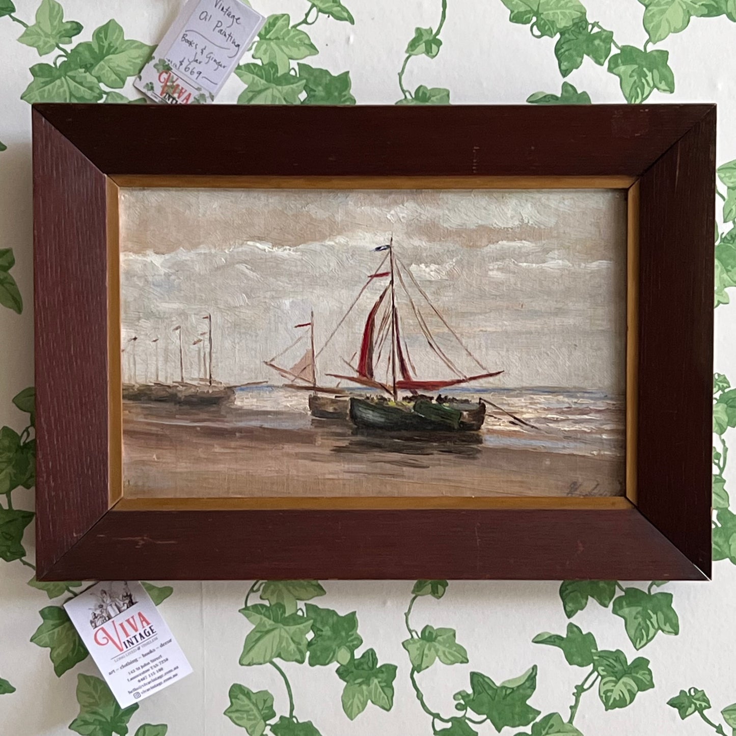 Antique Oil Painting Sailing Boats on the Seashore c1920