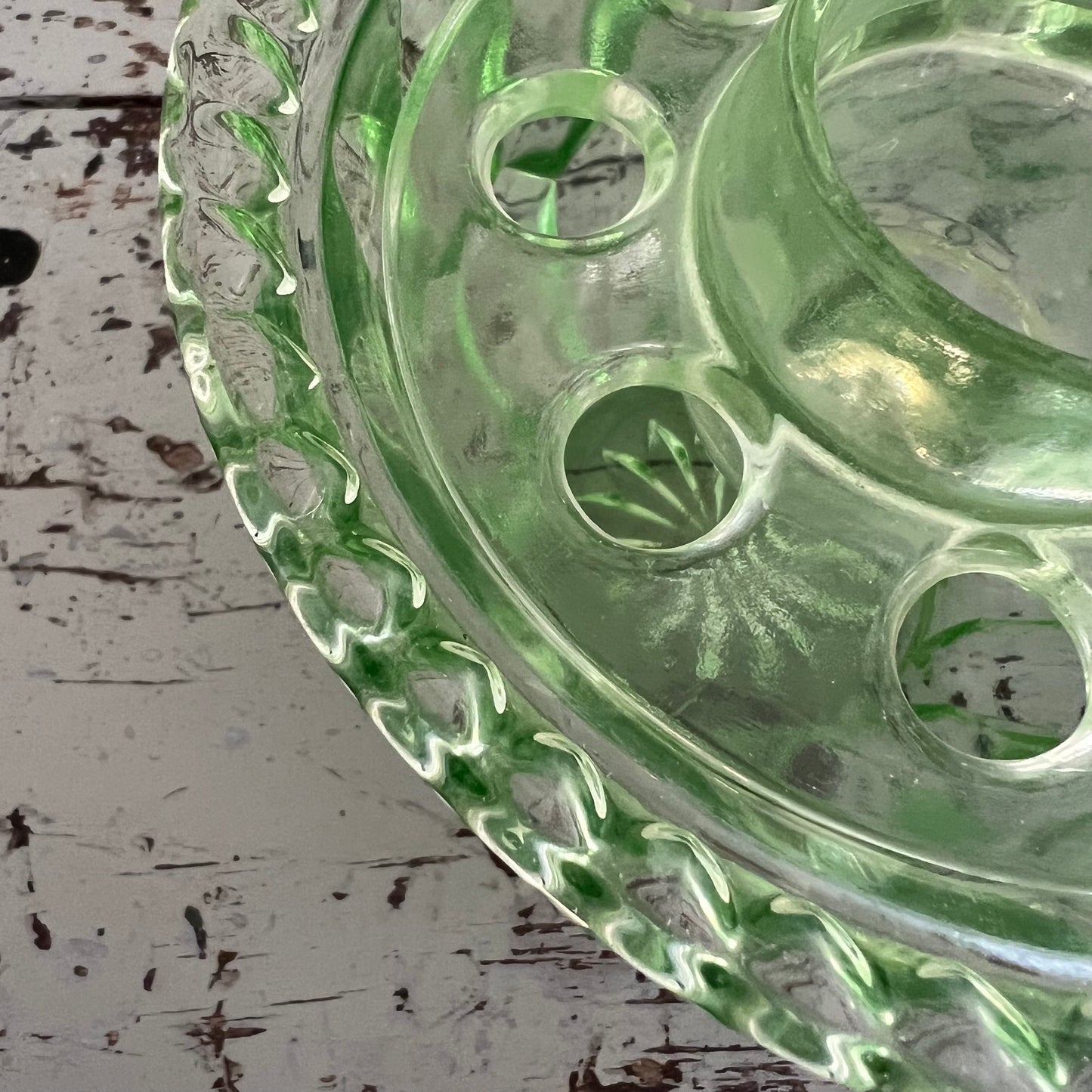 Vintage Green Depression Glass Bowl Vase & Flower Frog