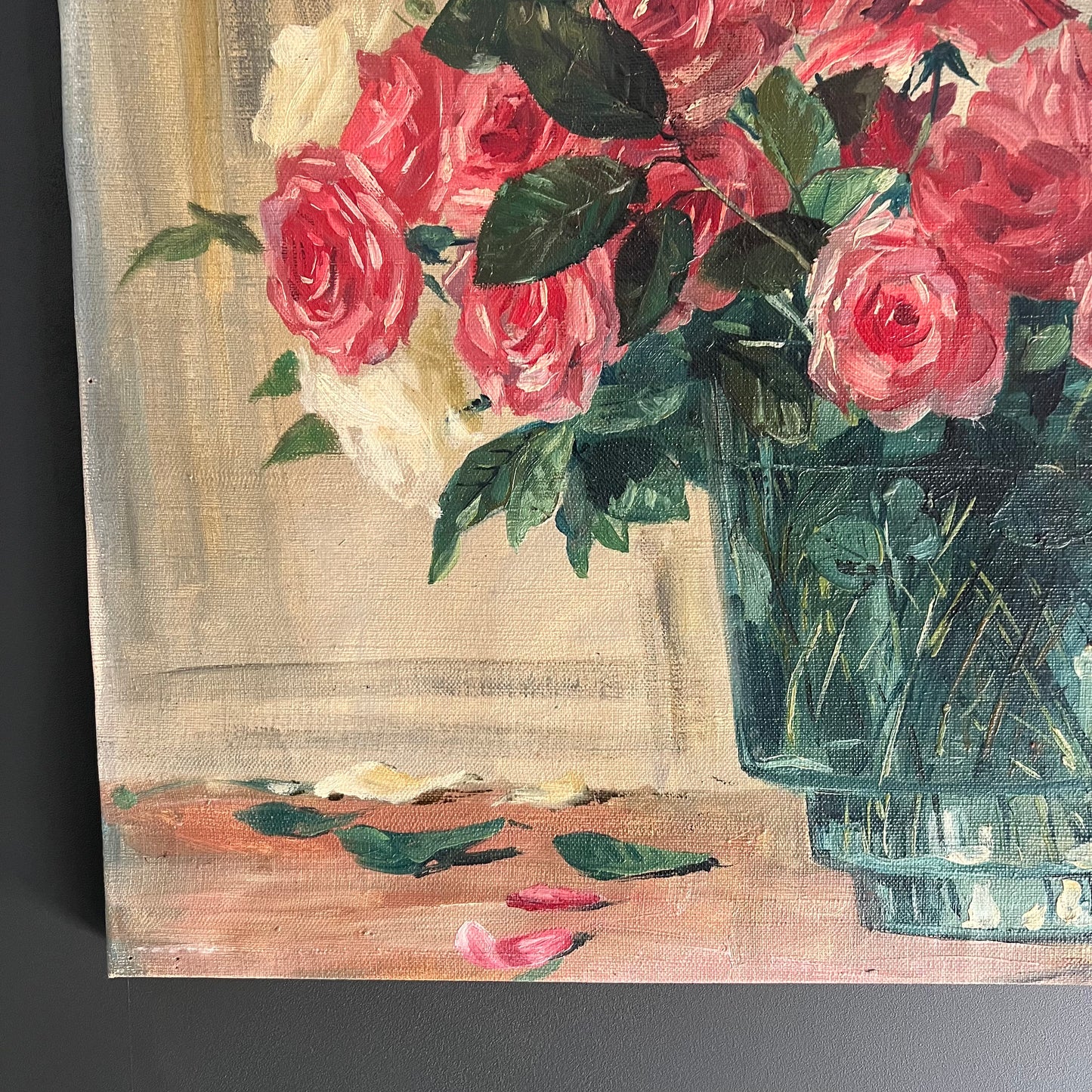 Vintage Oil Painting Still Life Roses in Green Vase c1950s