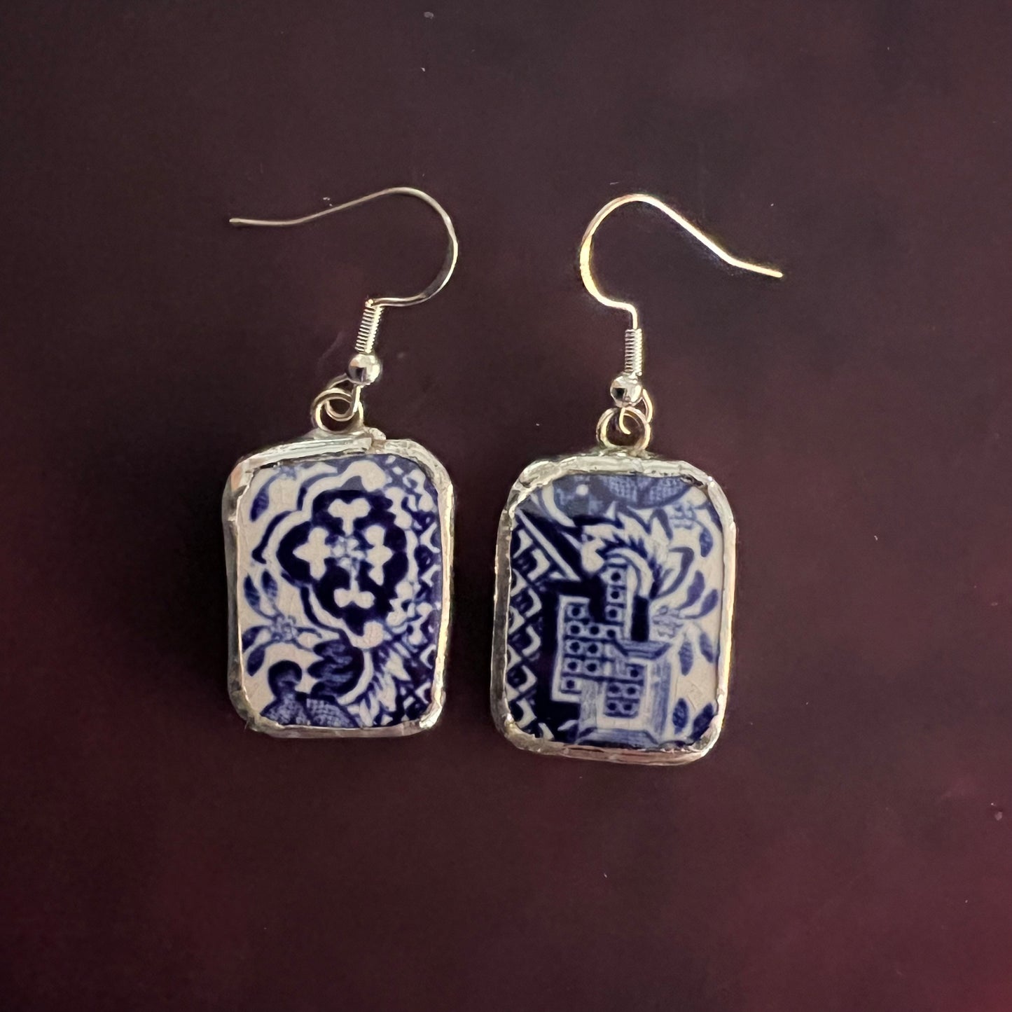 Vintage China Earrings Blue & White Willow Pattern