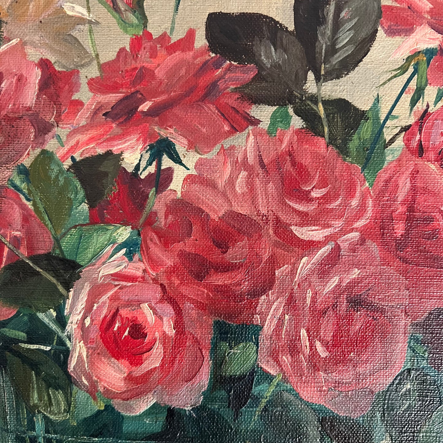 Vintage Oil Painting Still Life Roses in Green Vase c1950s