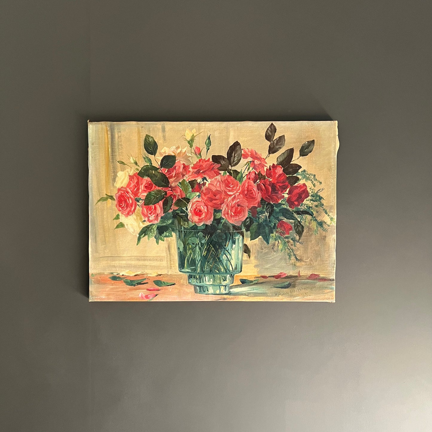 Vintage Oil Painting Still Life Roses in Green Vase c1950s