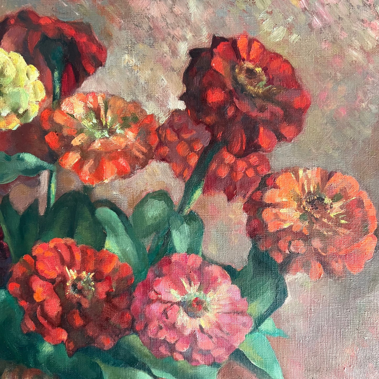 Vintage Oil Painting Still Life Zinnias in Vase 1940