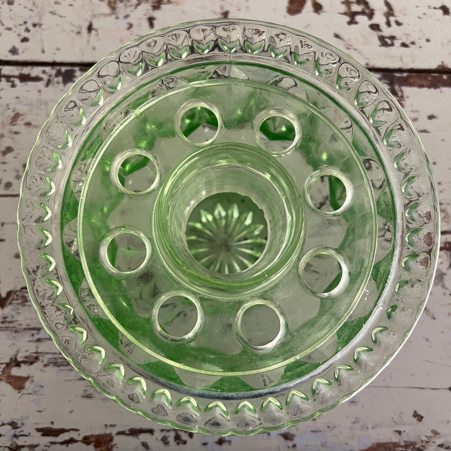 Vintage Green Depression Glass Bowl Vase & Flower Frog