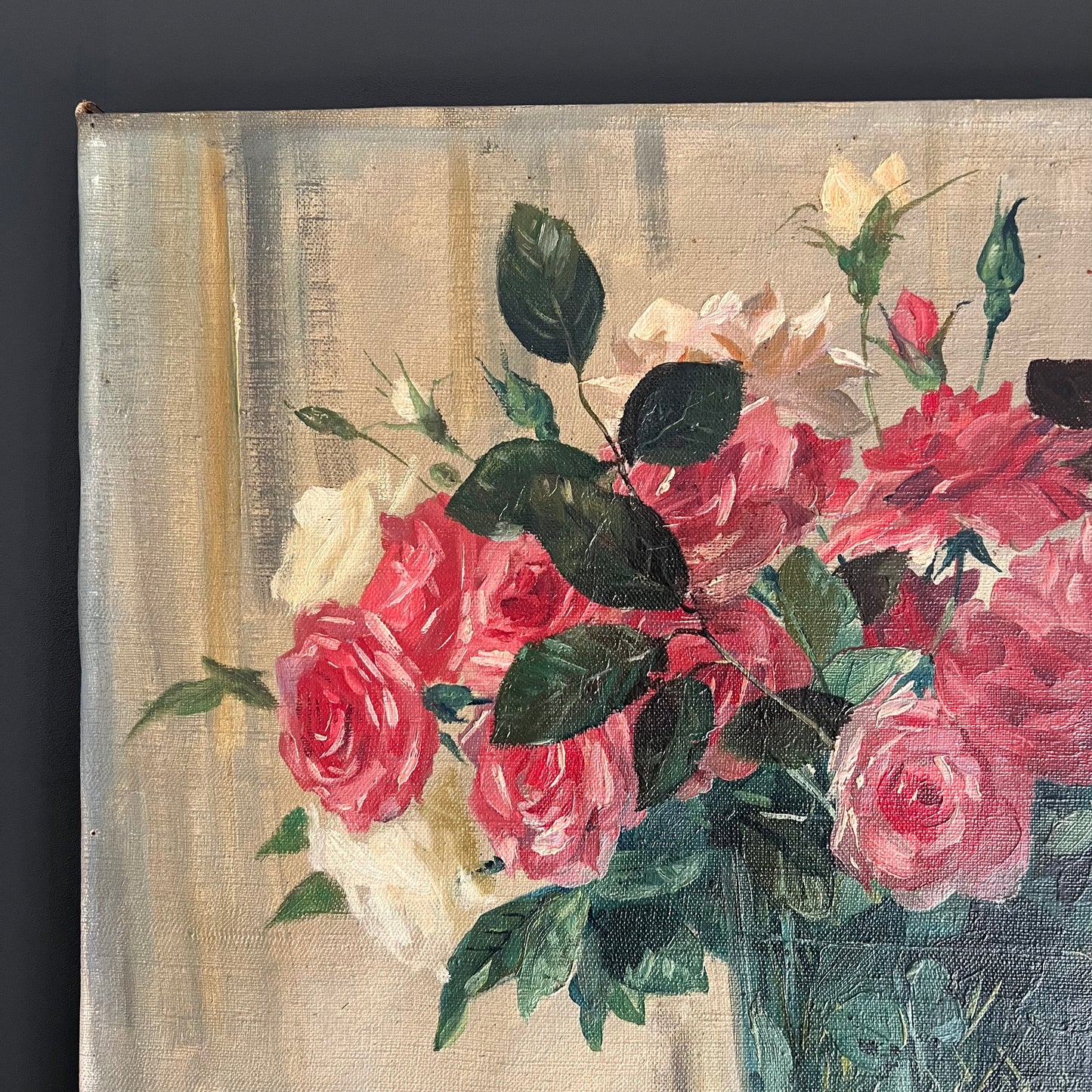 Vintage Oil Painting Still Life Roses in Green Vase c1950s