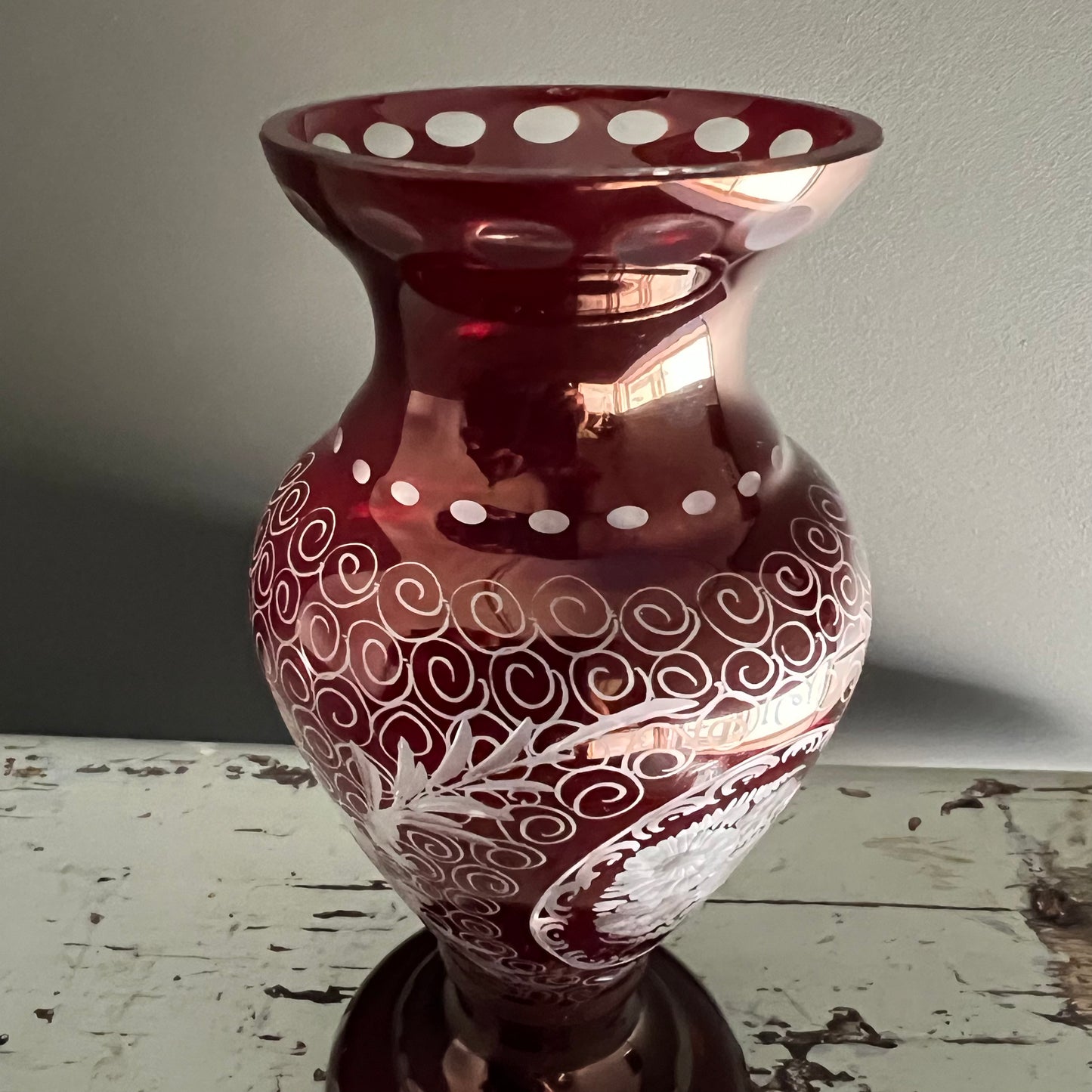 Vintage Bohemian Cut to Clear Ruby Glass Vase