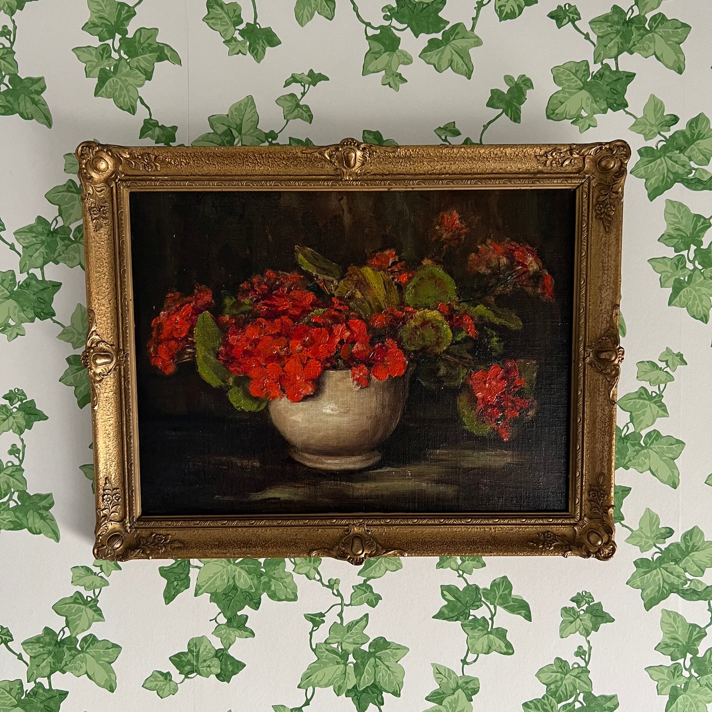 Vintage Oil Painting Still Life Red Geraniums Pelargoniums in Pot 1930s