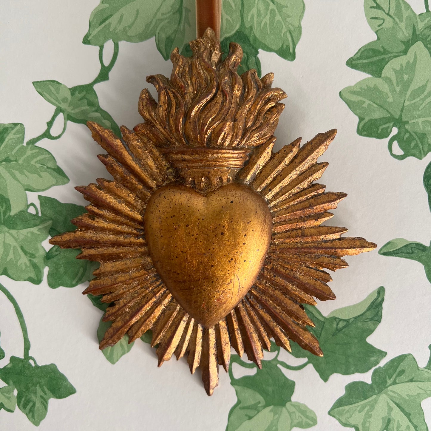 Golden Sacred Heart with Flame & Velvet Ribbon