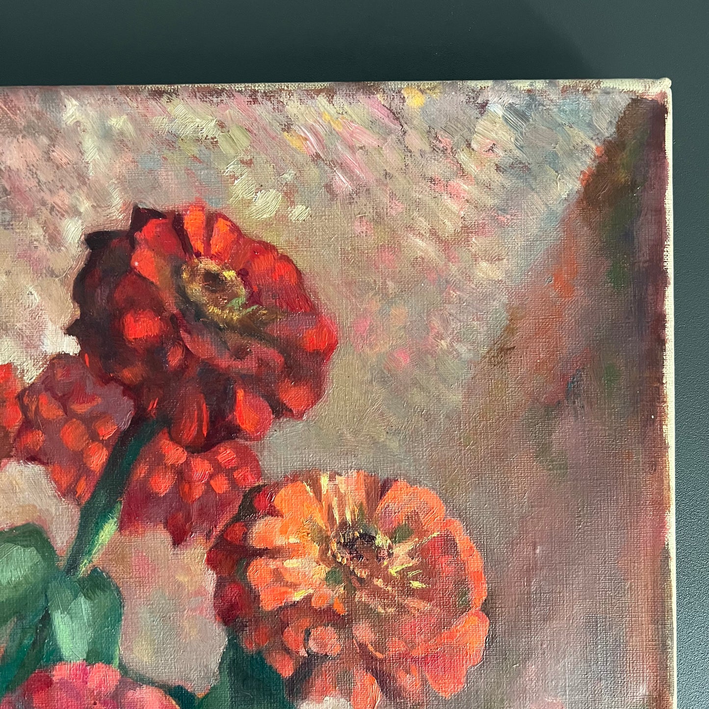 Vintage Oil Painting Still Life Zinnias in Vase 1940