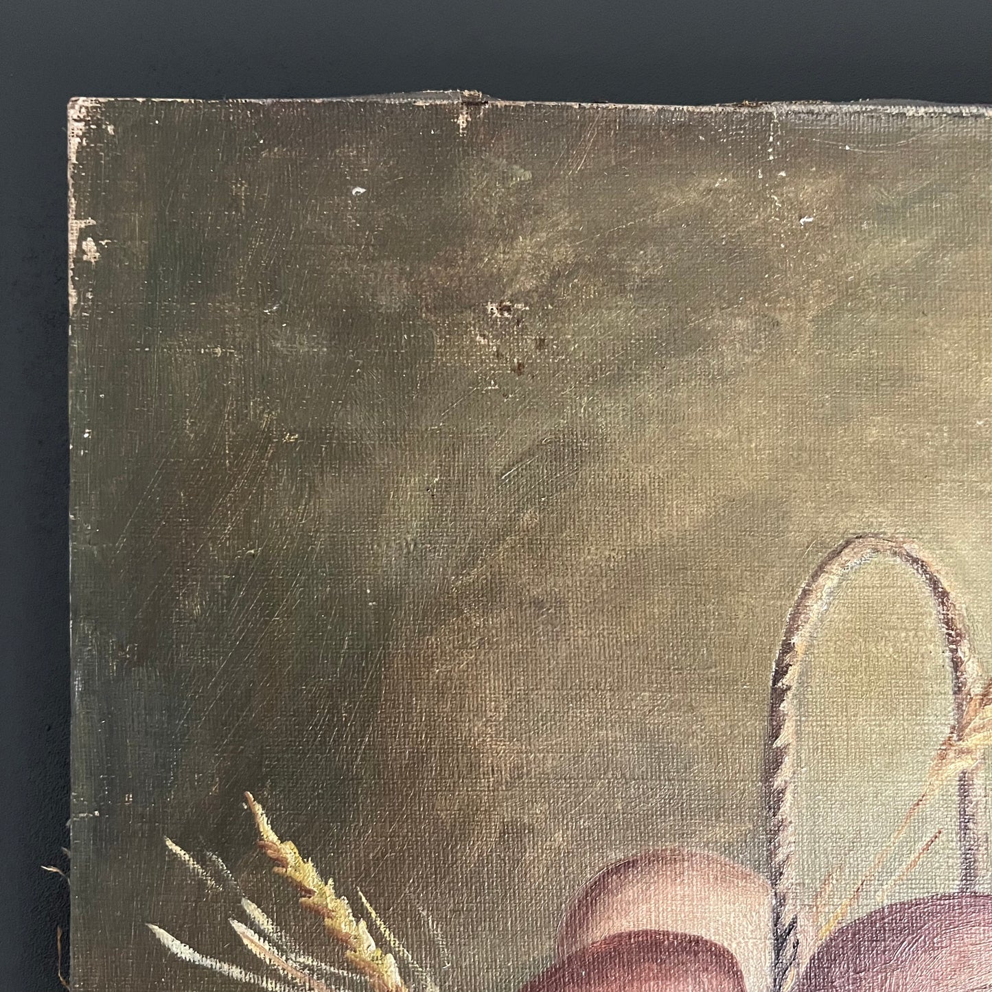 Antique Oil Painting Still Life Eggs and Wheat in Basket French c1800s