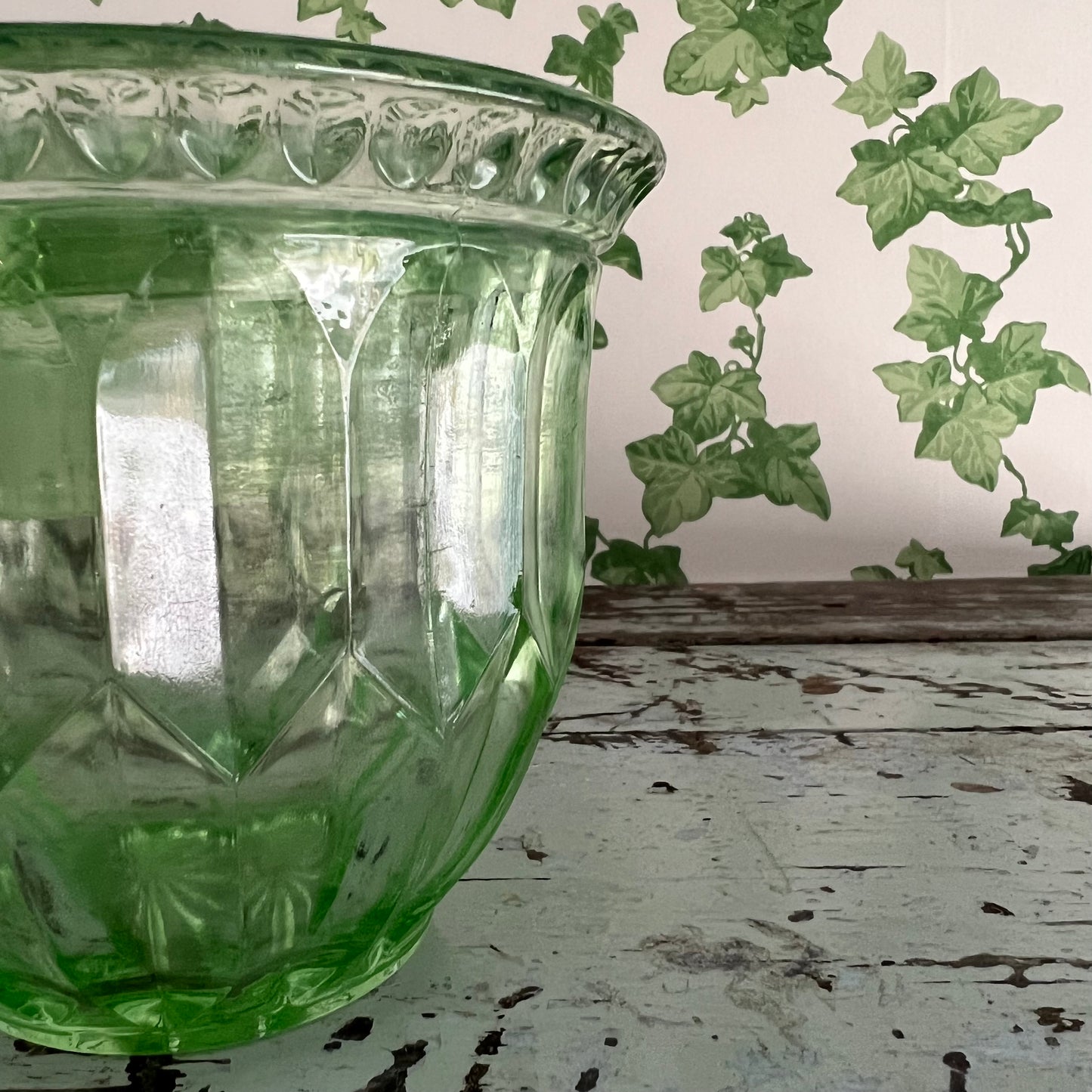 Vintage Green Depression Glass Bowl Vase & Flower Frog