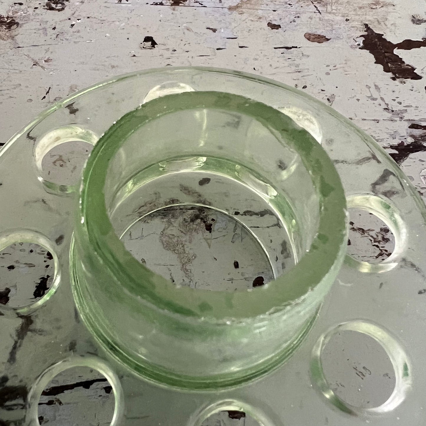 Vintage Green Depression Glass Bowl Vase & Flower Frog