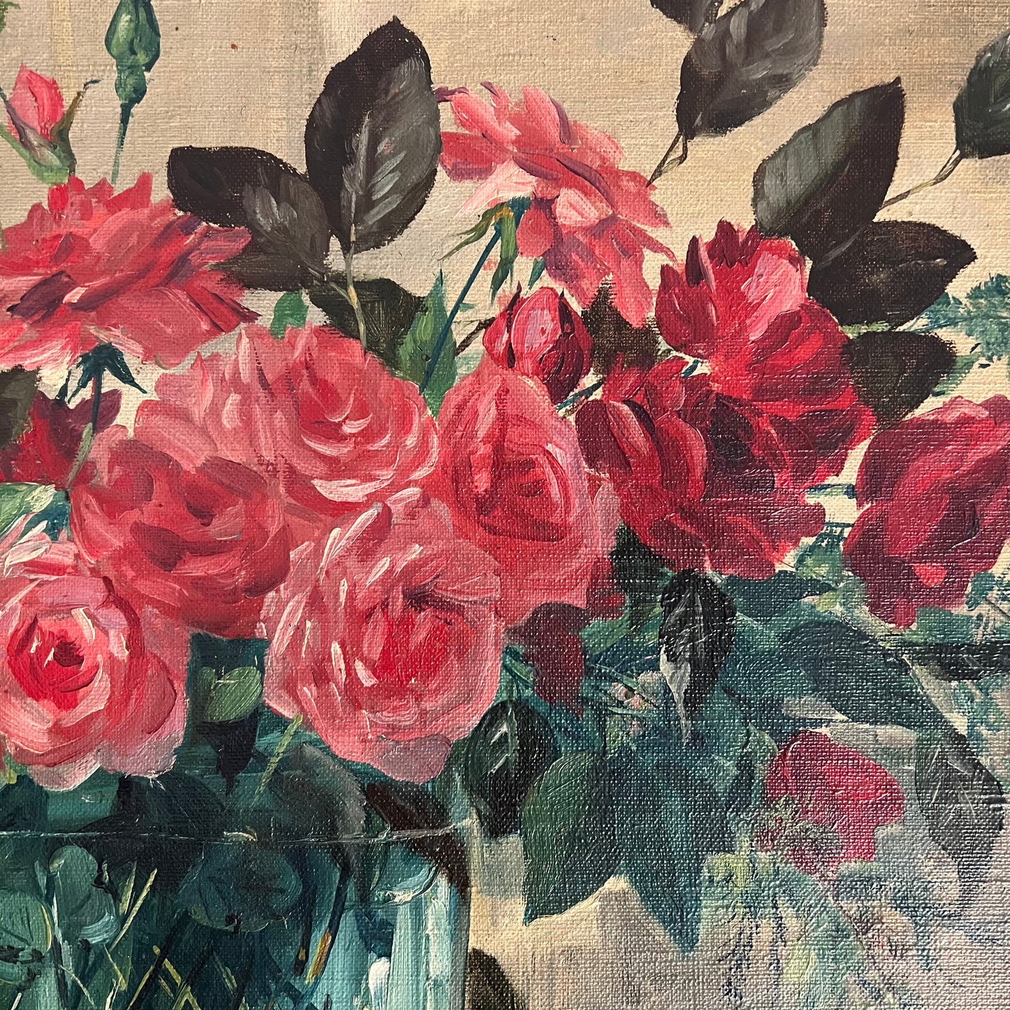 Vintage Oil Painting Still Life Roses in Green Vase c1950s