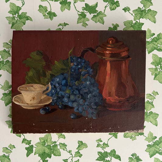 Vintage Oil Painting Still Life Copper Pot and Grapes with Cup and Saucer