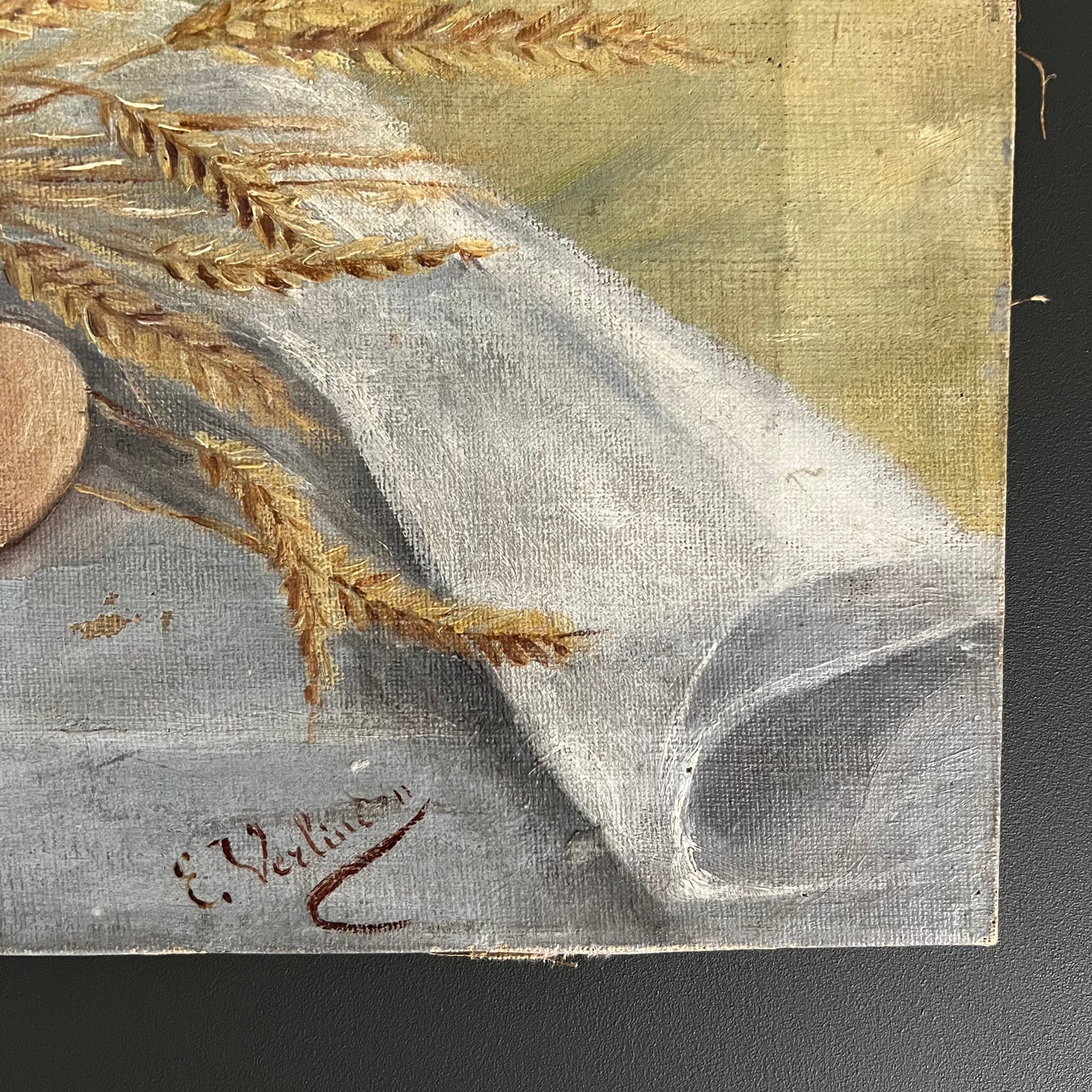 Antique Oil Painting Still Life Eggs and Wheat in Basket French c1800s