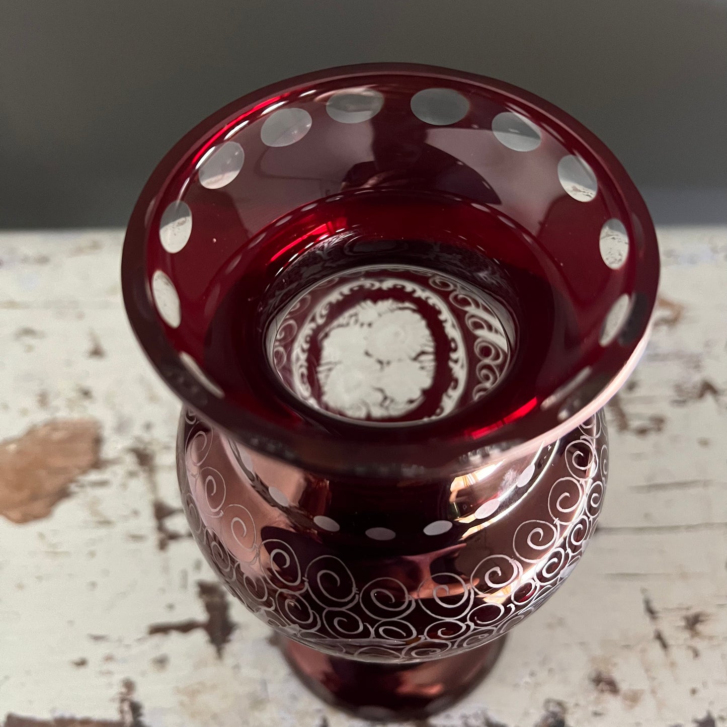 Vintage Bohemian Cut to Clear Ruby Glass Vase