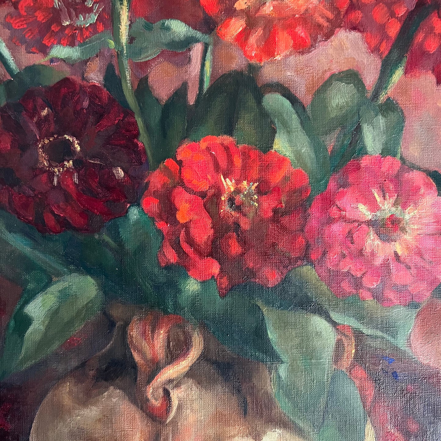 Vintage Oil Painting Still Life Zinnias in Vase 1940