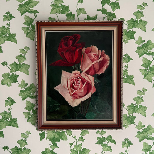 Vintage Oil Painting Still Life Trio of Roses