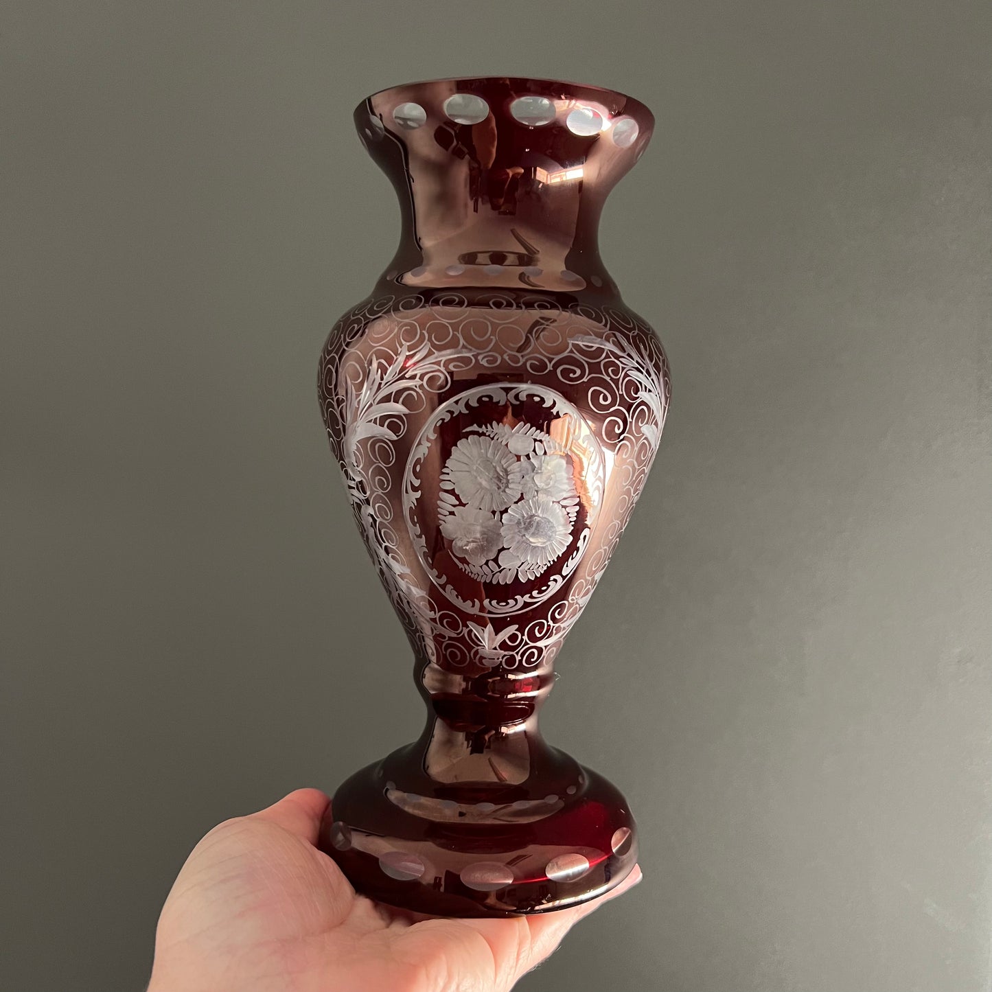 Vintage Bohemian Cut to Clear Ruby Glass Vase