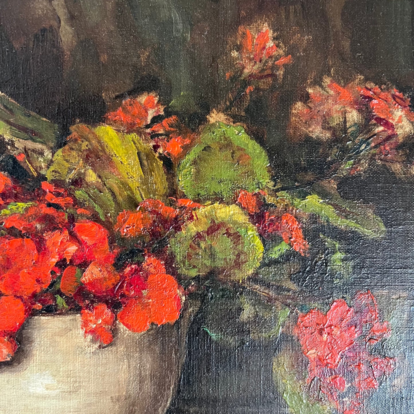 Vintage Oil Painting Still Life Red Geraniums Pelargoniums in Pot 1930s