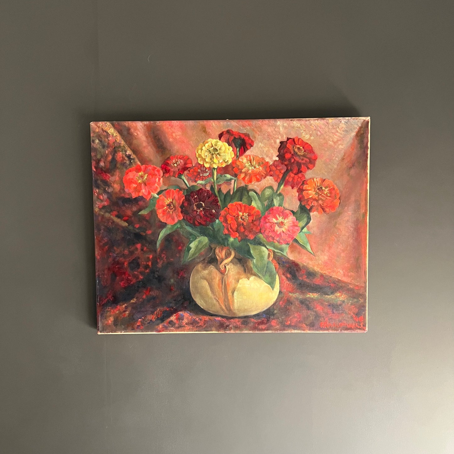 Vintage Oil Painting Still Life Zinnias in Vase 1940