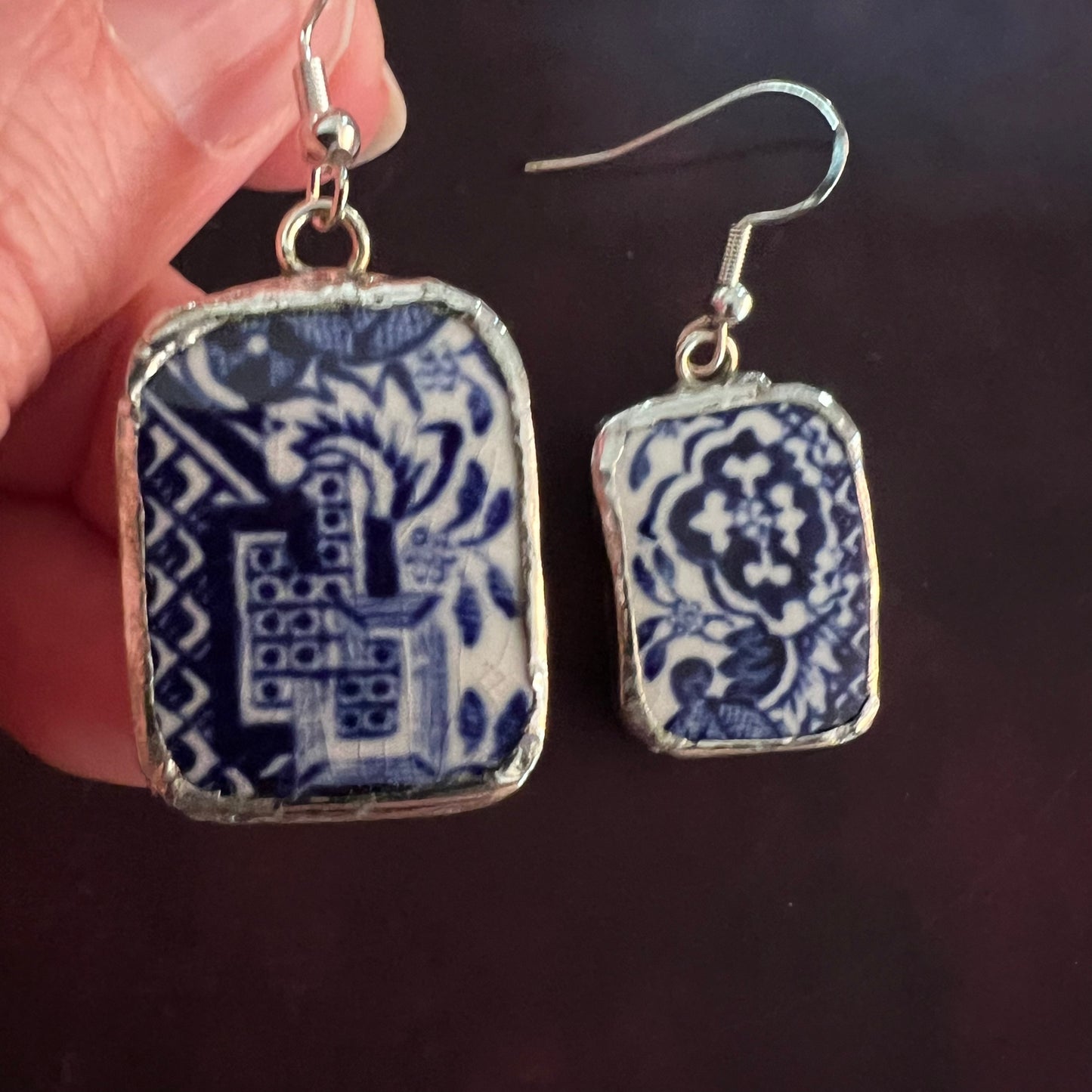 Vintage China Earrings Blue & White Willow Pattern