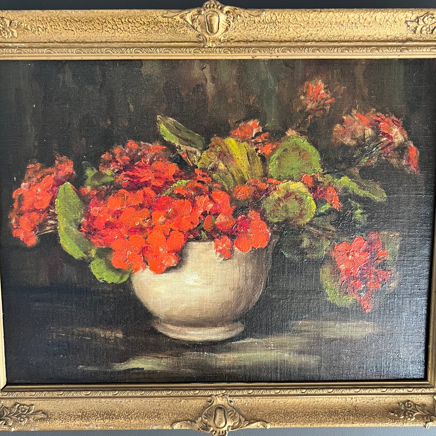 Vintage Oil Painting Still Life Red Geraniums Pelargoniums in Pot 1930s