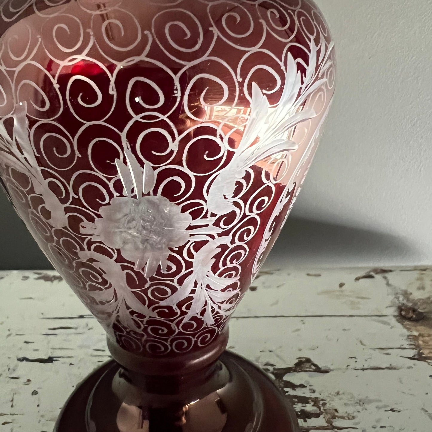 Vintage Bohemian Cut to Clear Ruby Glass Vase