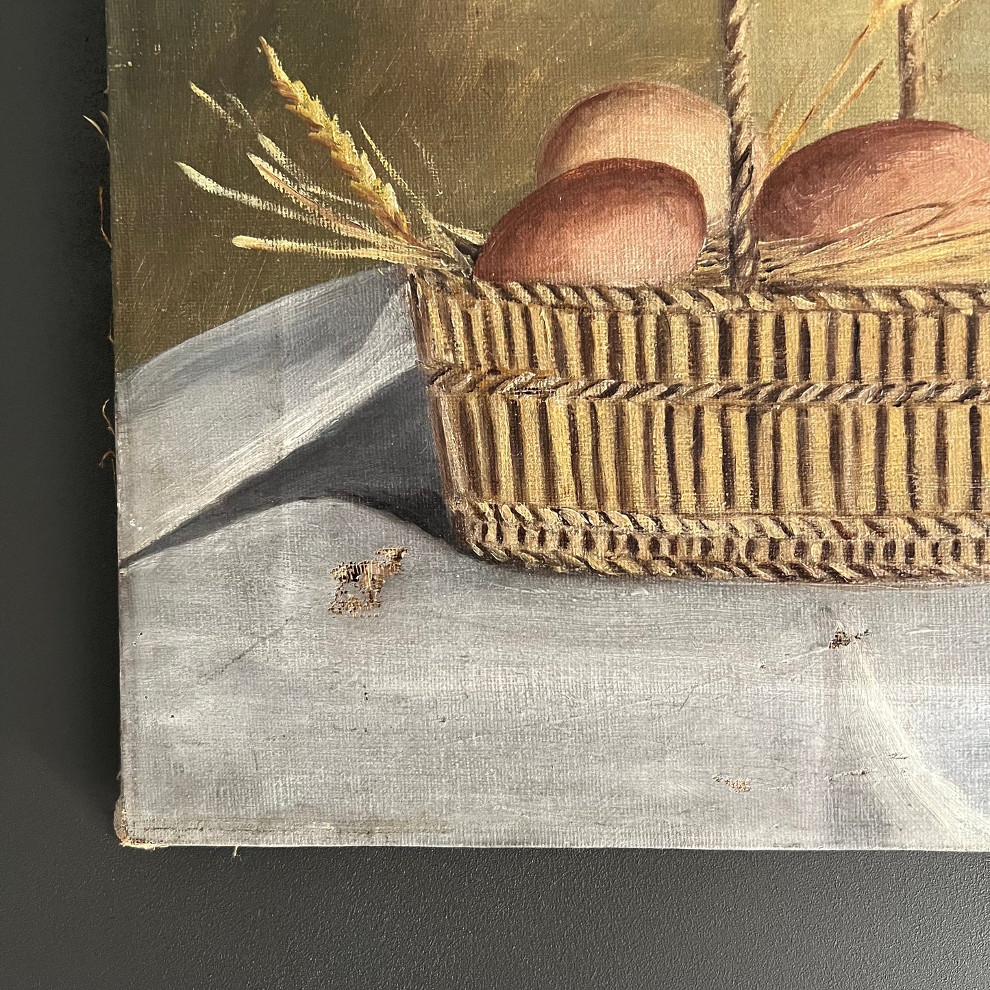 Antique Oil Painting Still Life Eggs and Wheat in Basket French c1800s