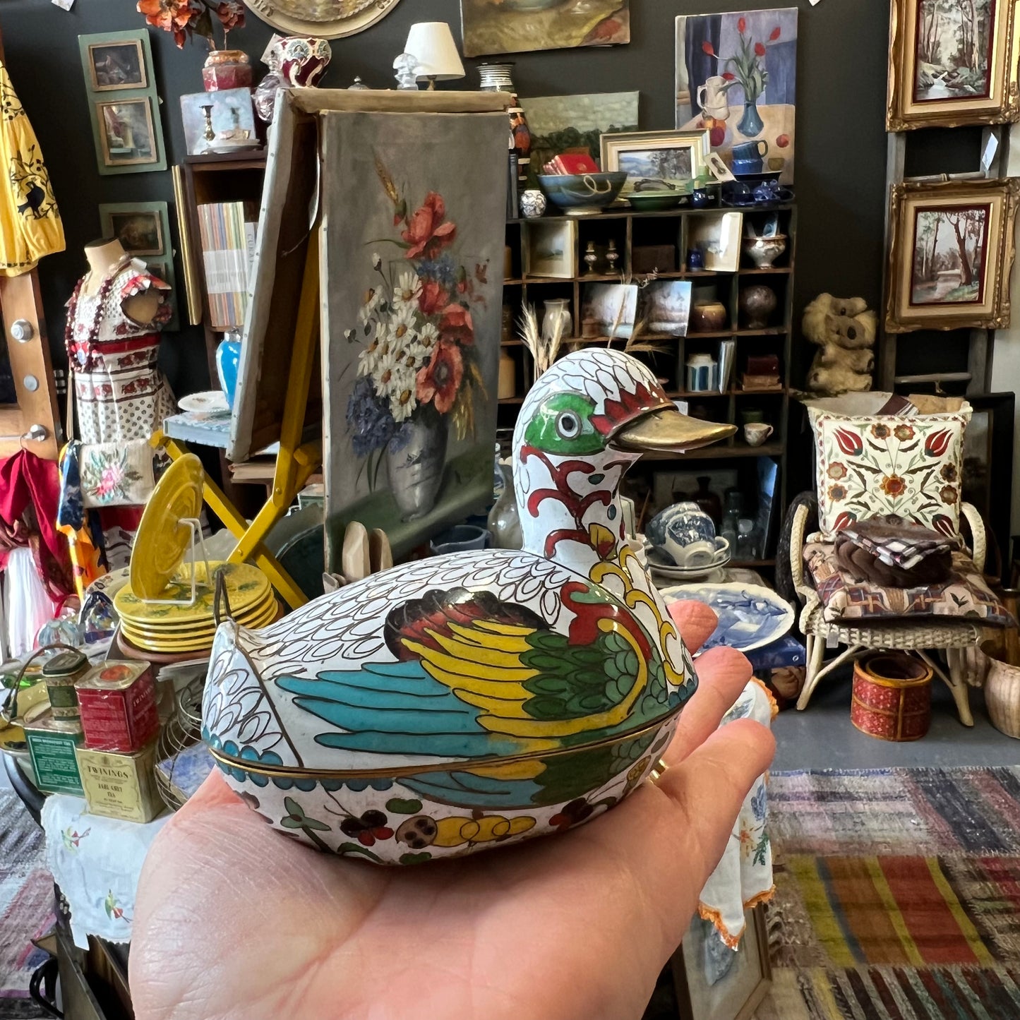 Vintage Cloisonné Brass Duck Box