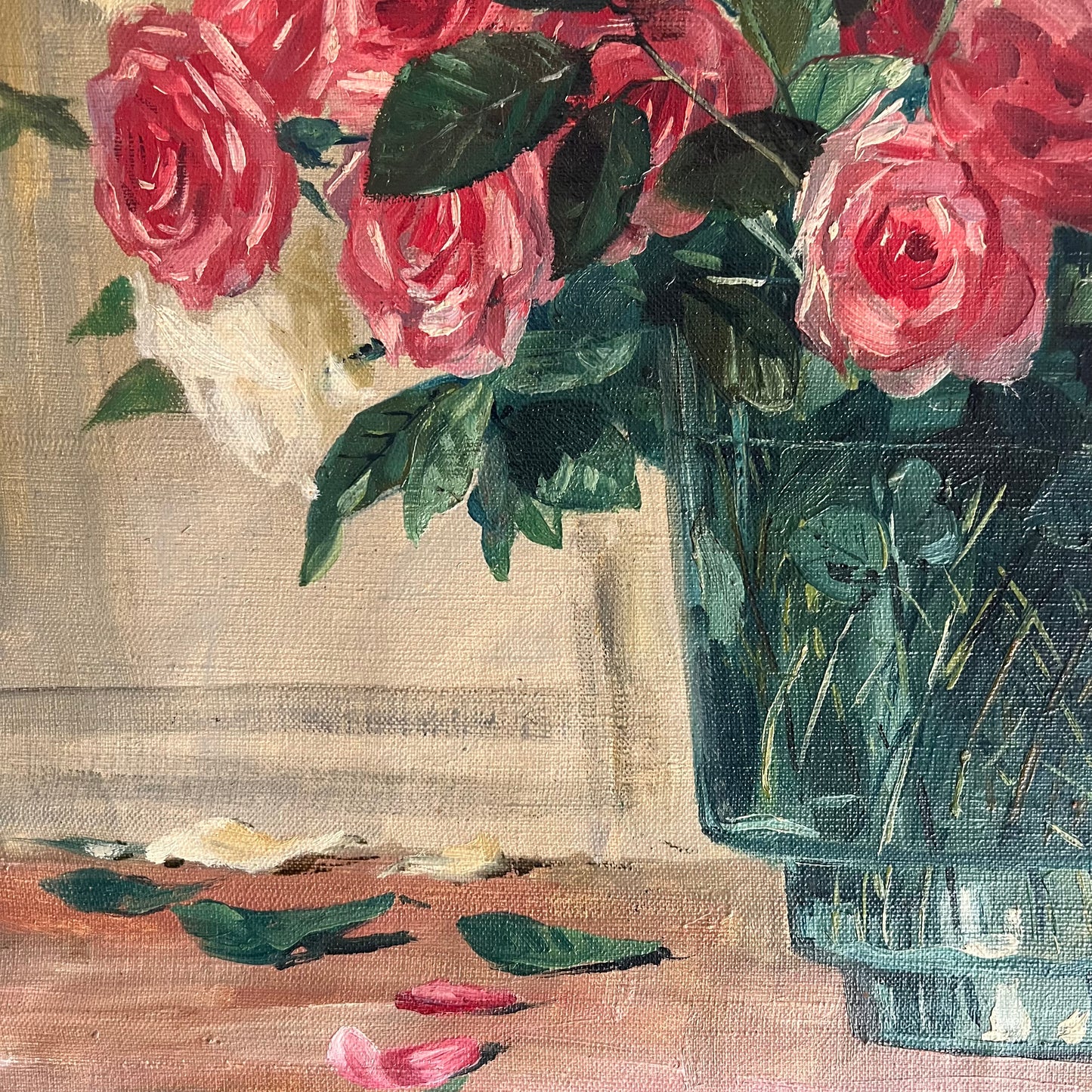 Vintage Oil Painting Still Life Roses in Green Vase c1950s