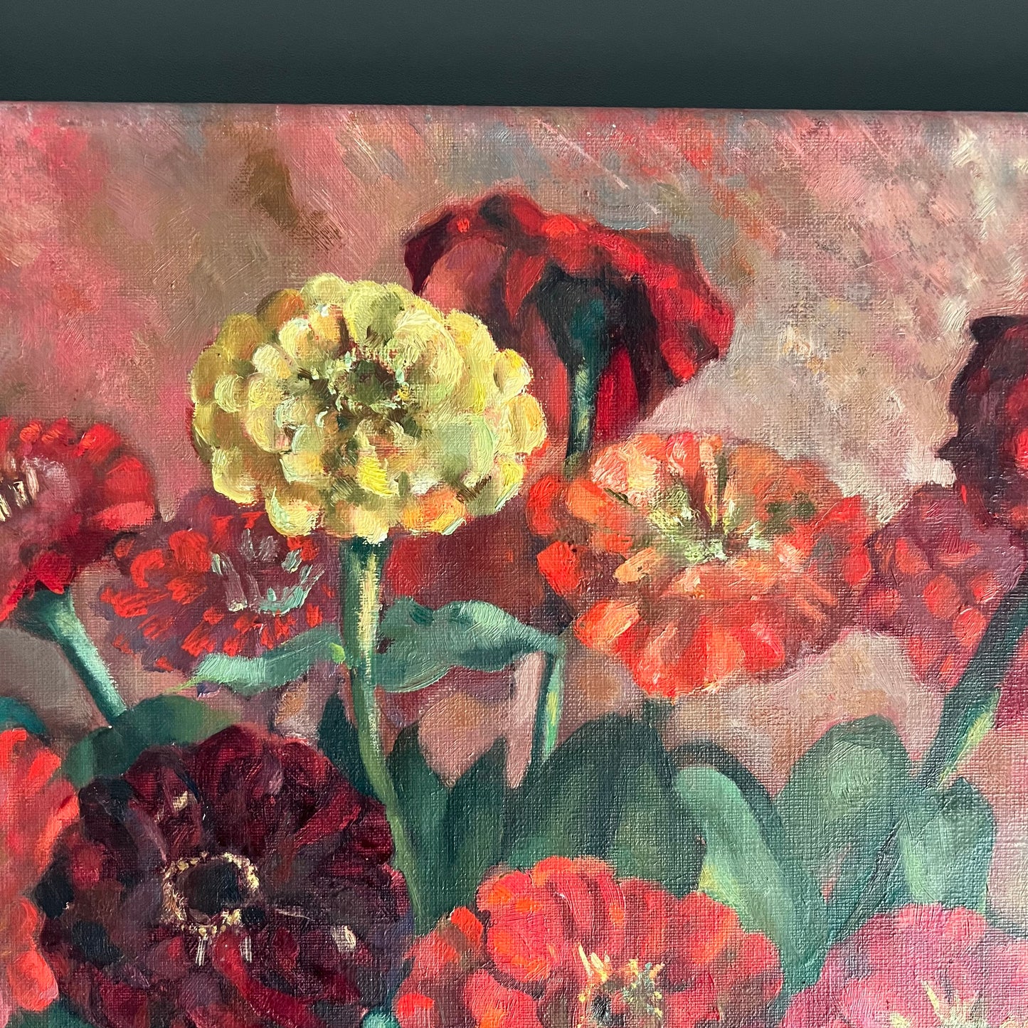 Vintage Oil Painting Still Life Zinnias in Vase 1940