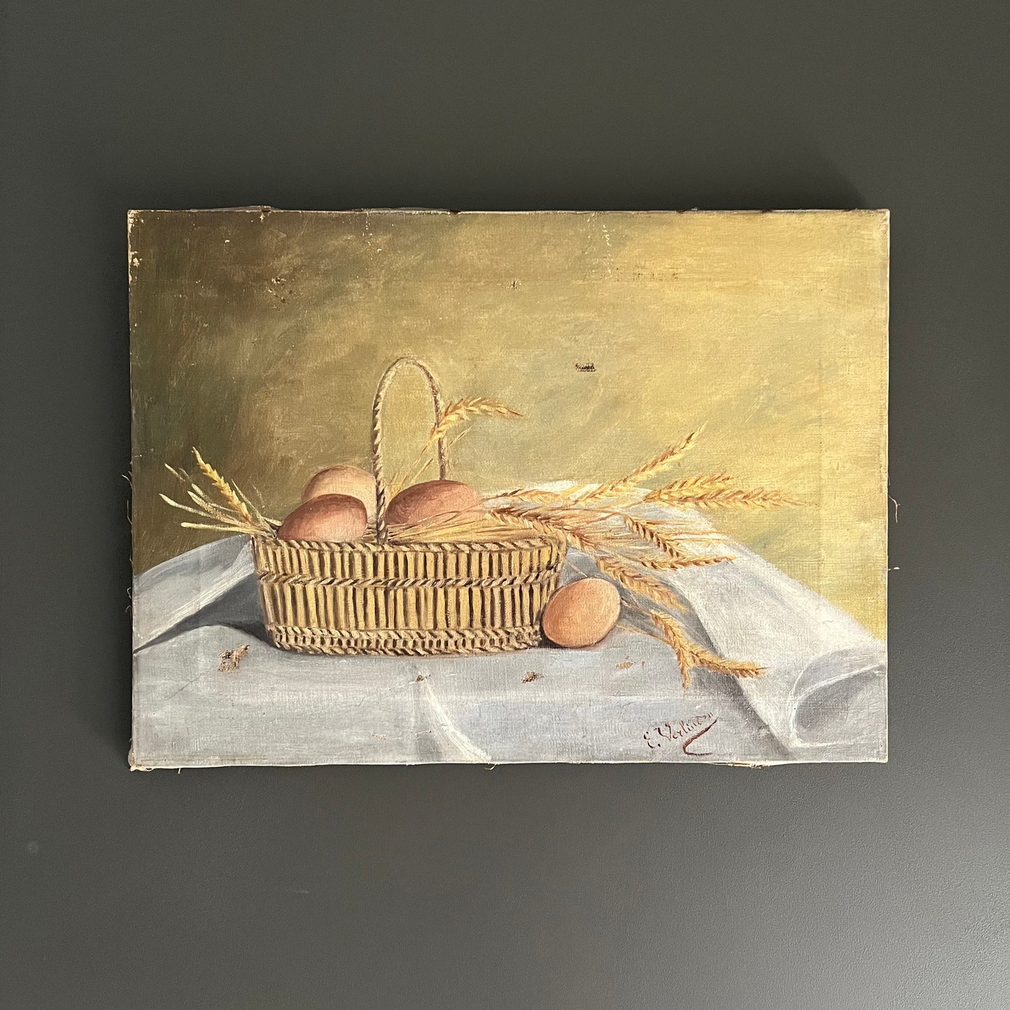 Antique Oil Painting Still Life Eggs and Wheat in Basket French c1800s