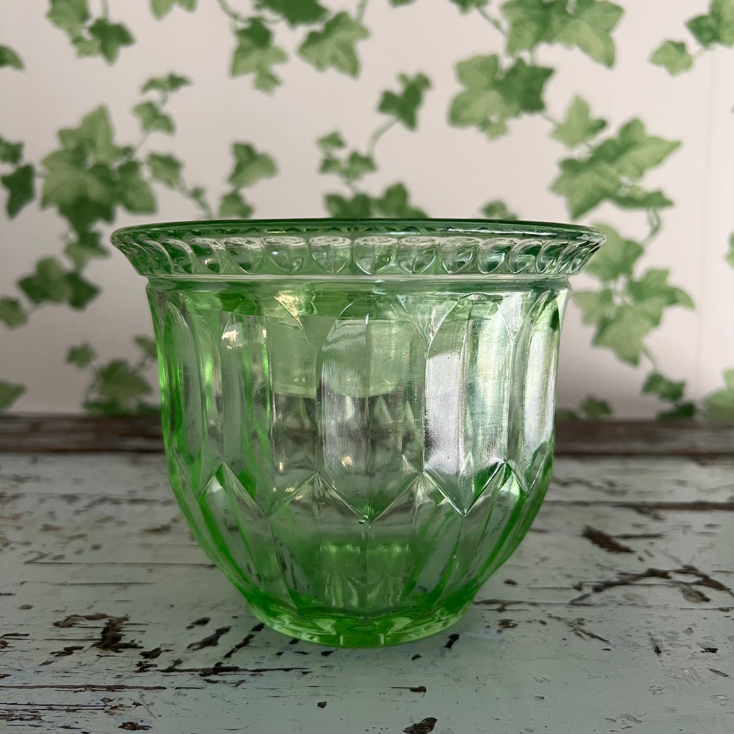 Vintage Green Depression Glass Bowl Vase & Flower Frog