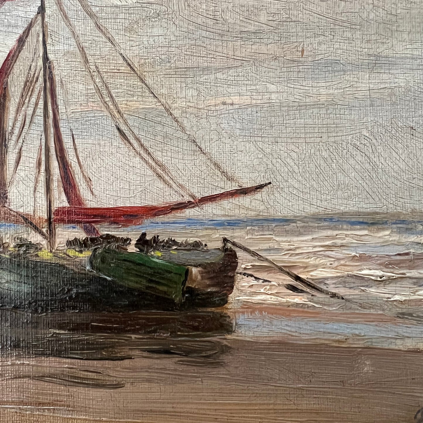 Antique Oil Painting Sailing Boats on the Seashore c1920