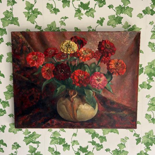 Vintage Oil Painting Still Life Zinnias in Vase 1940