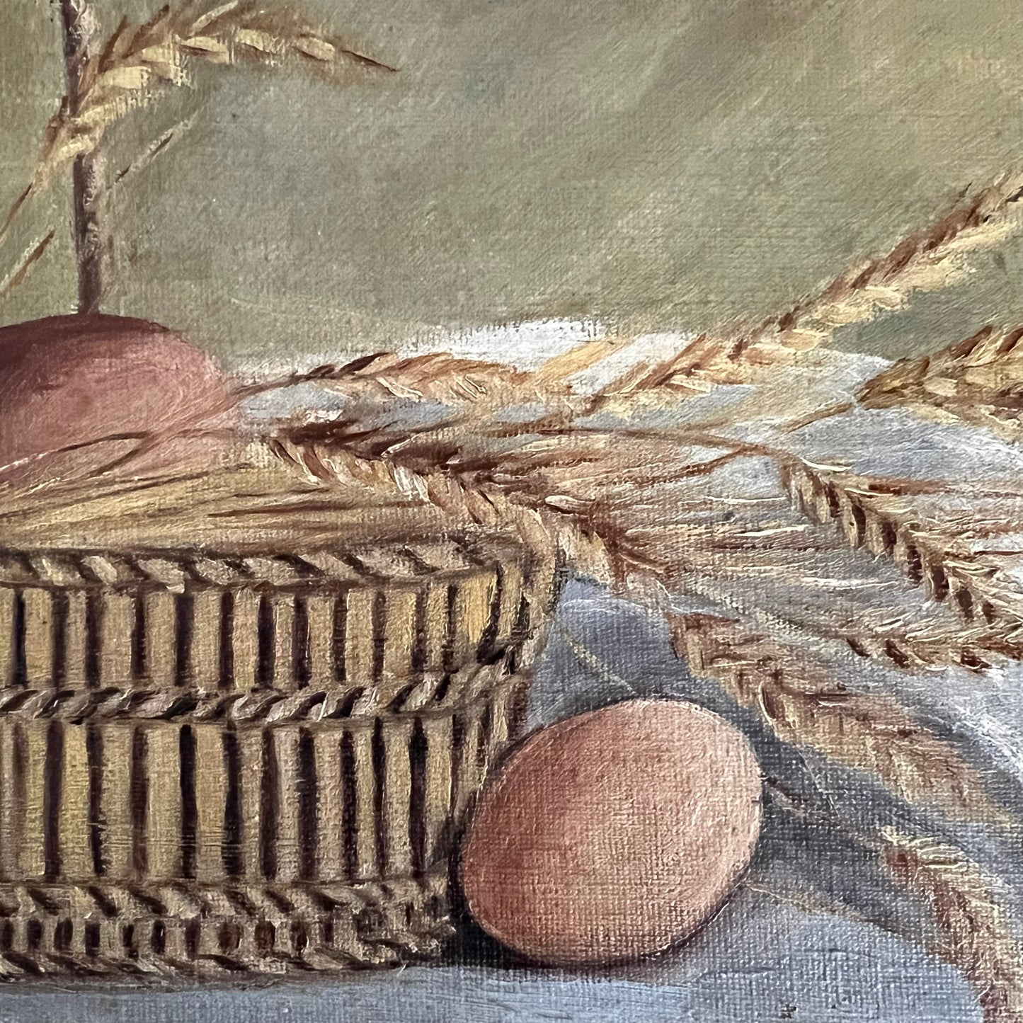 Antique Oil Painting Still Life Eggs and Wheat in Basket French c1800s