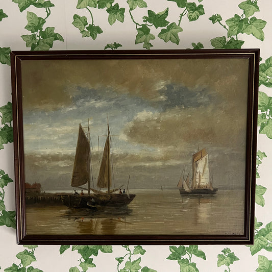 Vintage Seascape Painting Sail Boats in a Harbour