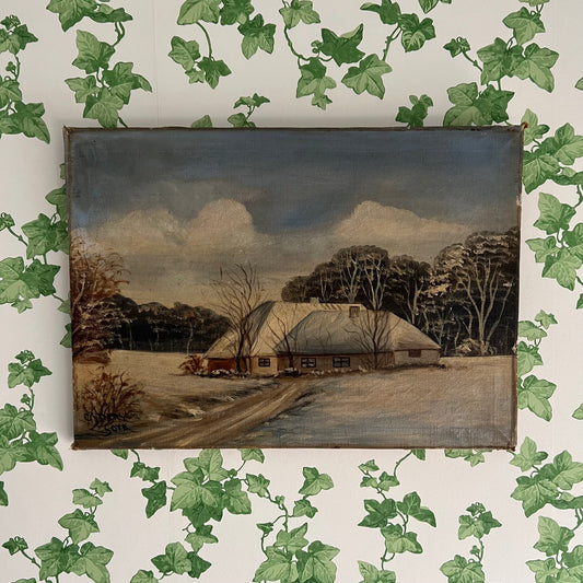 Vintage Oil Painting Winter Landscape Cottage in the Snow