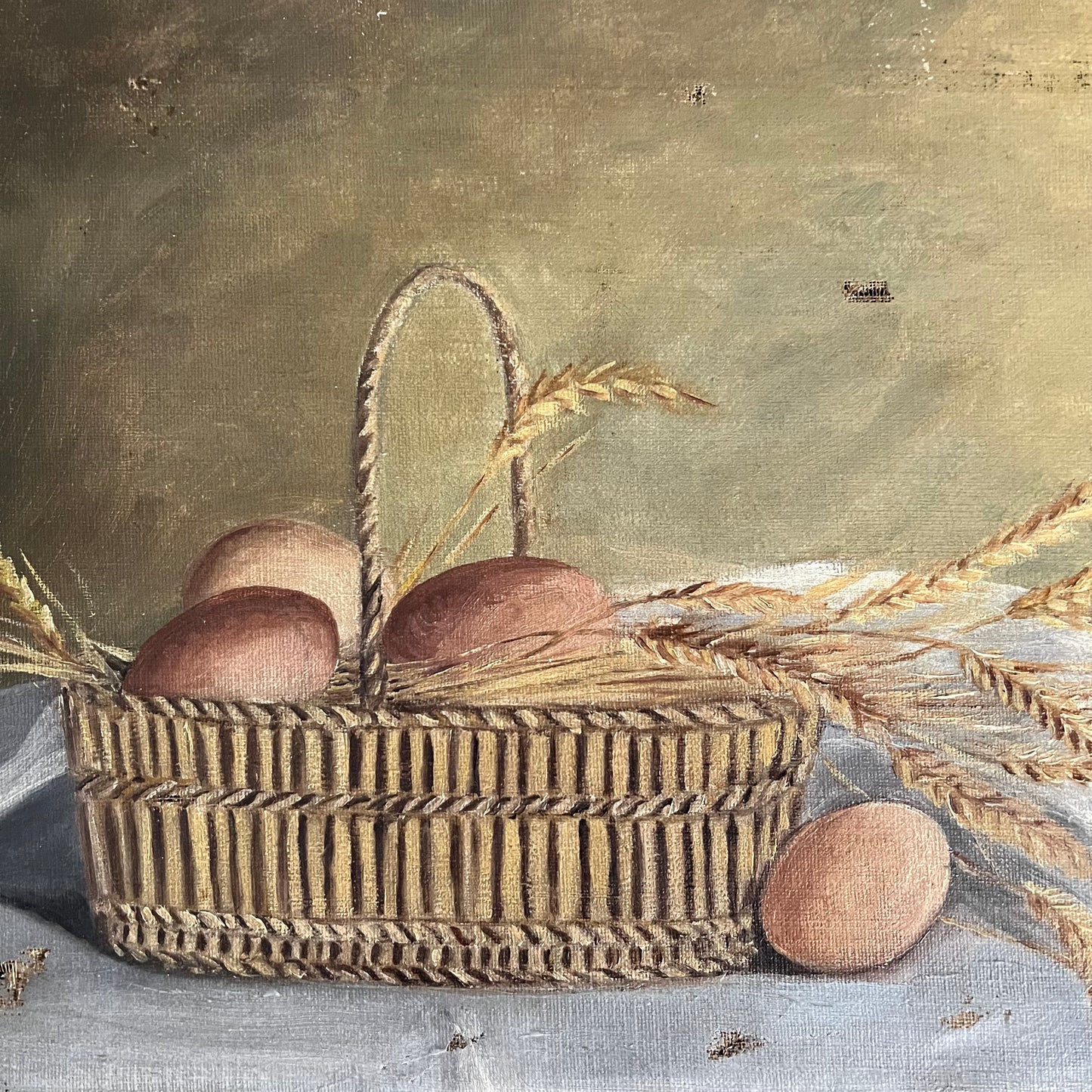 Antique Oil Painting Still Life Eggs and Wheat in Basket French c1800s